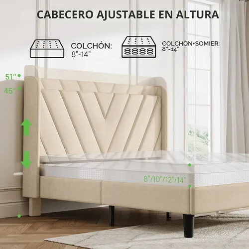 Vista 6 de koorlian Marco de cama tamaño matrimonial, Marco de cama tamaño matrimonial con cabecero, Marco de cama tapizado ajustable con puerto tipo C y USB
