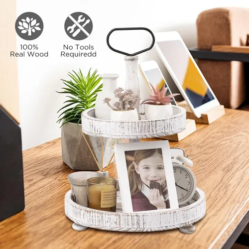 Vista 4 de Soporte de bandeja de madera de dos niveles, bandeja decorativa redonda de madera de 2 niveles con mango de metal para el hogar, cocina, decoración