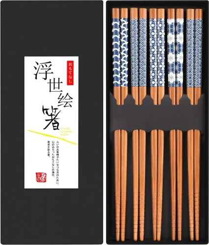 Vista 11 de Antner 5 pares de palillos de bambú reutilizables, exquisitos palillos de estilo japonés con caja negra para sushi, ramen, olla caliente y comedor