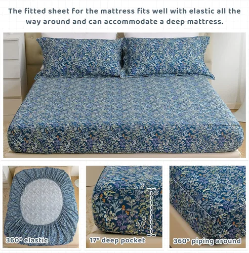 Vista 4 de QSH 100% Sábanas de algodón para cama tamaño Queen - Estampado floral azul de plantas patrón botánico lujoso de algodón estampado floral ropa
