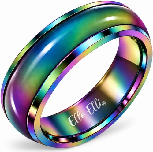 Vista 12 de Ello Elli - Anillo de humor de 6 mm actualizado hecho de acero inoxidable - Cristales multicolor de arcoíris - Banda de ajuste cómodo - Anillo retro