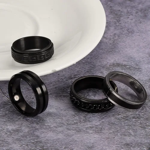 Vista 6 de THUNARAZ Anillo de titanio de acero inoxidable para la ansiedad para mujeres y hombres, anillos giratorios negros para la ansiedad, juego de anillos