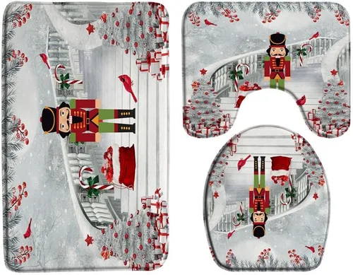 Vista 11 de GCTNBJL Juego de 3 alfombrillas de baño para árbol de Navidad, diseño de copo de nieve, rojo, gris, dibujos animados, invierno, vacaciones, baño