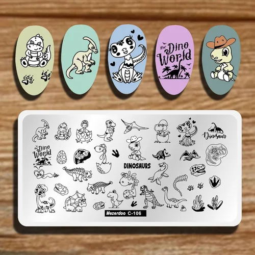 Vista 11 de Placas de sello de uñas de dinosaurios alienígenas, placa de estampación de uñas de estrella, luna, unicornio, gato, caballo, animales de dibujos