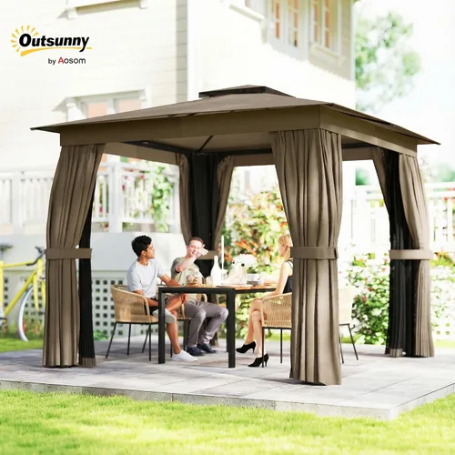 Vista 2 de Outsunny - Glorieta de patio al aire libre de 10 x 10 pies, refugio con toldo resistente de doble techo, cortinas, malla, marco de acero, protección