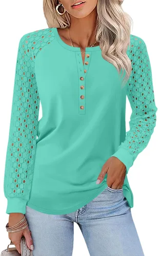 Vista 26 de Minetom Camisetas de manga larga con encaje para mujer, blusas casuales