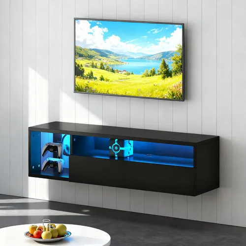 Vista 3 de DlandHome Soporte flotante para TV con luz LED, consola multimedia de 39.3 pulgadas, estante flotante para debajo del televisor con estante