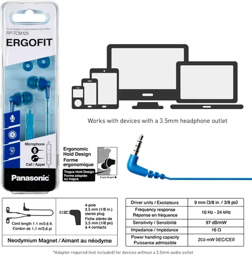 Vista 7 de Auriculares con cable Panasonic ErgoFit con micrófono, auriculares con cable de 3.5mm con micrófono y controlador de llamadas, auriculares Azul