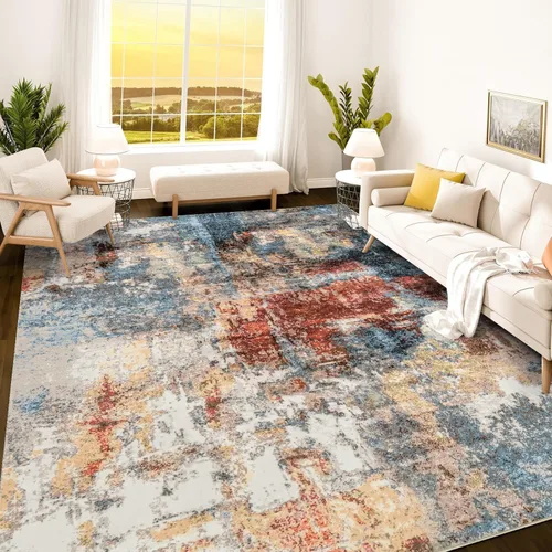Vista 33 de Istana Alfombra larga antideslizante de 2.5 x 8 para el hogar, para pasillo y cocina, lavable, sedosa y suave al tacto, elegante, color azul y marfil