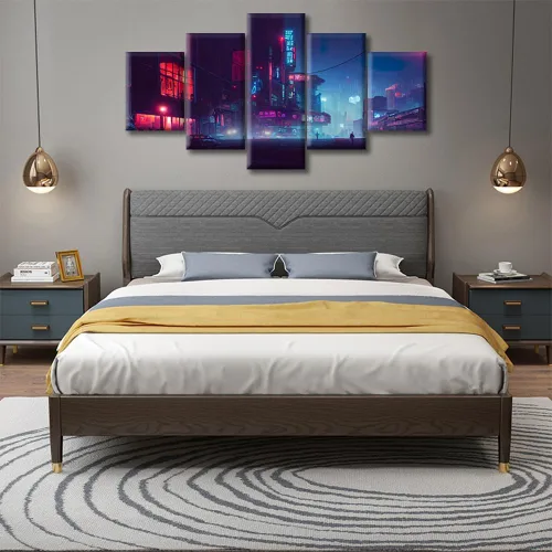 Vista 156 de Cuadros de 5 paneles de Cyberpunk City, arte de pared, representación de vallas publicitarias, edificios modernos en la capital con obras de arte
