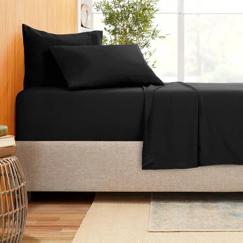 Vista 2 de Juego de ropa de cama de 800 hilos de 4 piezas, 100% algodón egipcio, color negro, sábana bajera ajustable de algodón de fibra larga, se adapta a