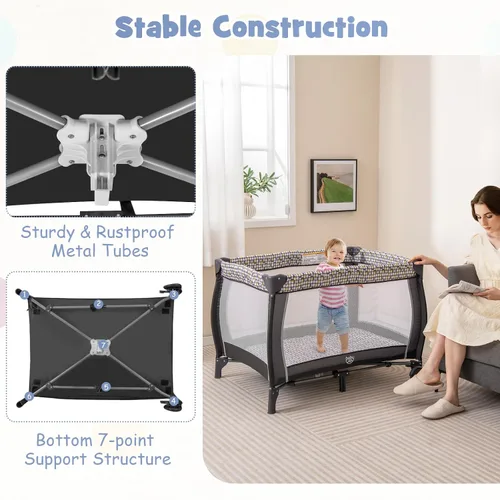 Vista 8 de HONEY JOY Pack and Play, centro de guardería plegable 4 en 1 con moisés infantil de tamaño completo y cambiador de pañales, cuna portátil para niños