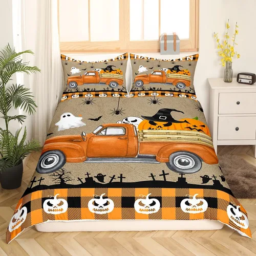 Vista 11 de Feelyou Funda de edredón de Halloween, tamaño individual, con 1 funda de almohada, decoración de Halloween, juego de ropa de cama con estampado