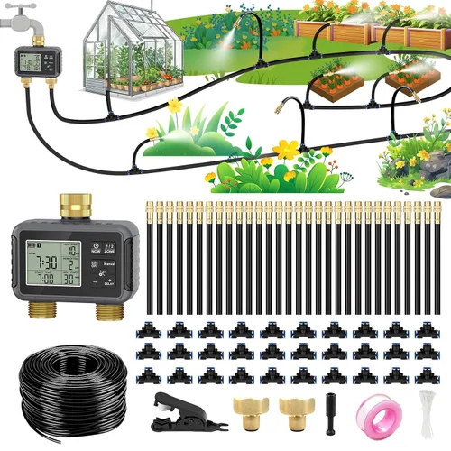 Vista 11 de Sistema de riego por goteo de 60 pies con temporizador de agua - Kit de riego automático de jardín con manguera flexible de 360° y boquillas