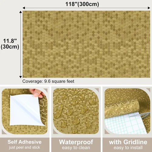 Vista 7 de Papel tapiz metálico dorado hexagonal para cocina y baño, papel de contacto geométrico moderno texturizado para estantes de gabinete, despegar