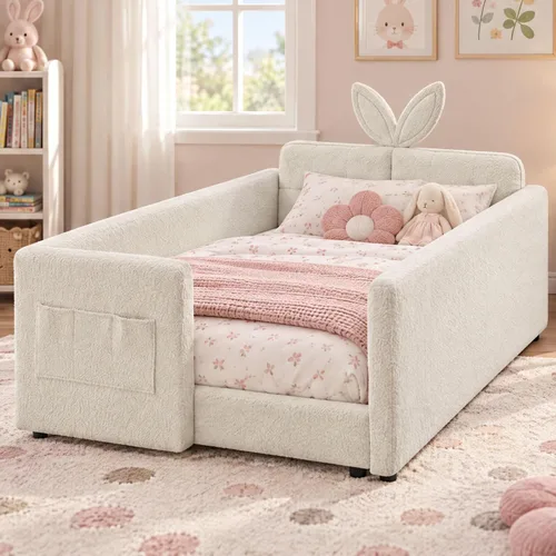 Vista 16 de Cama de suelo tapizada de tamaño matrimonial con valla y bolsillos, cama de Cama de suelo tapizada de tamaño matrimonial con listones y cabecero