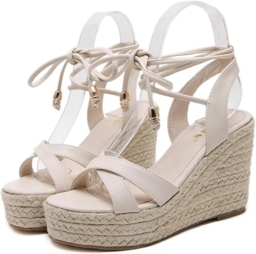 Vista 3 de MAKEGSI Womens Jute-rope Middle Wedge Heel Summer Shoes Flip Sandals Lace Up