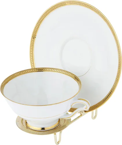 Vista 5 de Bard's Soporte para taza y platillo en tono dorado brillante, 3 pulgadas de alto x 2.75 pulgadas de ancho x 4 pulgadas de profundidad