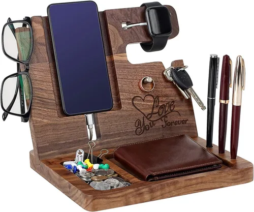 Vista 9 de Regalo personalizado para hijo – Estación de acoplamiento de madera, organizador de escritorio grabado personalizado, estación de acoplamiento