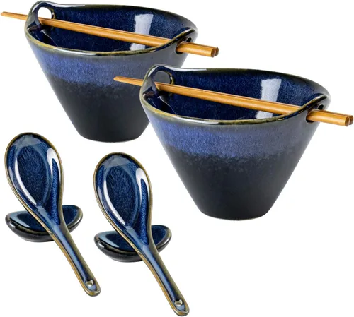 Vista 18 de UNICASA Juego de 2 cuencos japoneses para ramen con palillos, cucharas y reposos, 26 onzas, para fideos de porcelana profunda, Udon, Pho, ensalada