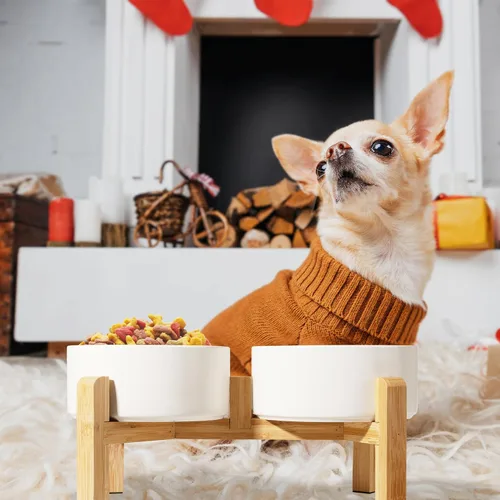 Vista 5 de Elevated Ceramic Dog Bowl, 3.6 Cups Dog Food and Water Bowl Set with Stand Blanco