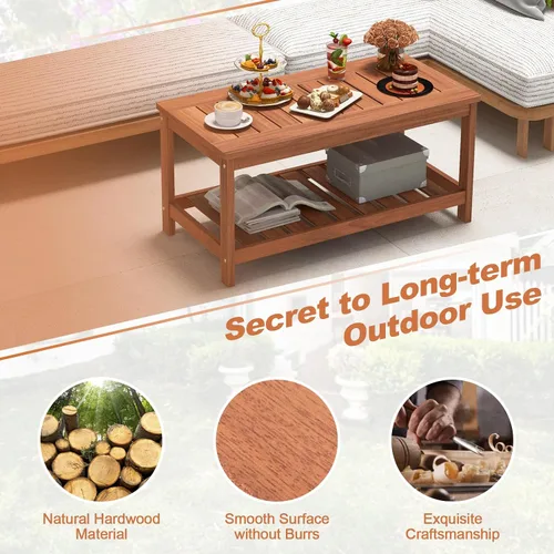 Vista 6 de Giantex Mesa de centro de madera dura para patio, mesa de centro de madera de 2 niveles con mesa de listones y estante de almacenamiento, mesa