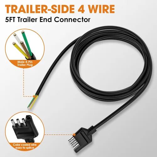 Vista 2 de arnés de cableado de remolque de 4 vías de 5 pies con cable recubierto, conector de extensión de remolque plano de 4 pines de 16AWG, arnés