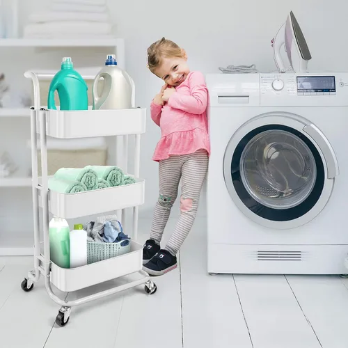 Vista 8 de Homchwell - Carrito de metal con ruedas bloqueables, 3 niveles, organizador multifunción con asa y cesta de malla, para cocina, café, baño u oficina
