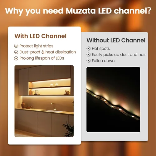 Vista 3 de Muzata Paquete de 10 canales LED en forma de V de 6.6 pies/6.6 ft con canal LED de aluminio plateado con cubierta blanca lechosa iluminación