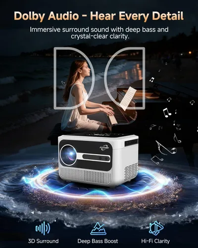 Vista 6 de Proyector portátil inteligente 4K para el hogar, proyector de película de 1300 lúmenes ANSI con enfoque automático, WiFi Bluetooth, 3 modos