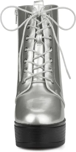 Vista 2 de Allegra K Botas de combate de tacón alto grueso con cordones para mujer, M