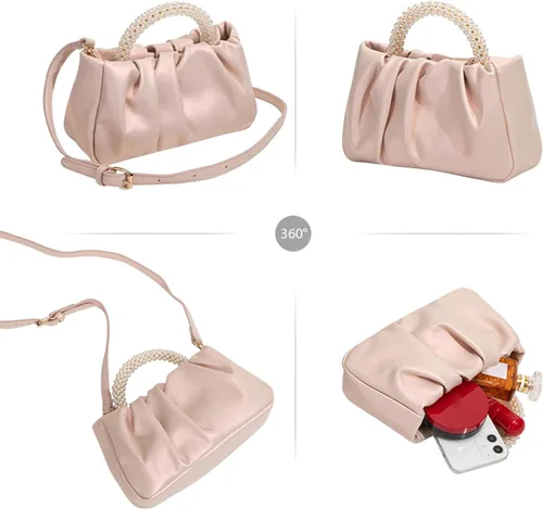 Vista 7 de LAKSMI Bolsos de mano de noche con perlas para mujer, de cuero suave, fruncidos, bolsos cruzados para bodas, fiestas, bailes de graduación