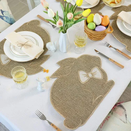 Vista 6 de Feuille Juego de 4 manteles individuales de Pascua, diseño de conejito en color natural con pajarita para Pascua, manteles individuales de primavera