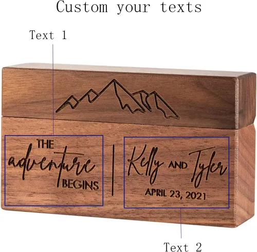 Vista 2 de Yonhi Joyeros de doble anillo con nombre personalizado, caja de anillo de madera personalizada, propuesta, compromiso, ceremonia de boda, caja