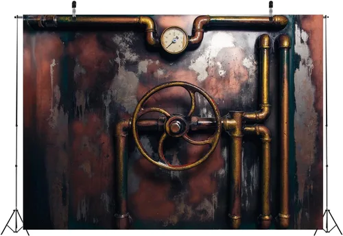 Vista 4 de BELECO Telón de fondo de fotografía Steampunk retro oxidado, de 5 x 3 pies, tubos de vapor de metal viejo, medidor de presión, fondo de máquina