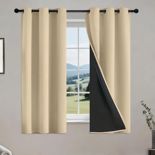 Vista 53 de COSVIYA Cortinas opacas 100% beige Biscotti para dormitorio, juego de 2 paneles de 63 pulgadas de largo, bloqueo de luz completa, aislamiento