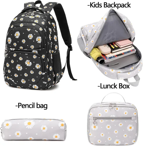 Vista 6 de Sugaroom - Mochila con estampado de margaritas con lonchera para niñas, escuela primaria, primaria, mochila para libros para adolescentes y niñas