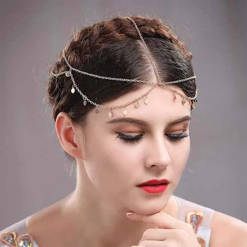 Vista 7 de Brinie Cadena de cabeza bohemia dorada con monedas pequeñas, cadena para el cabello, cabeza de boda, joyería, festival, Halloween, disfraz de novia