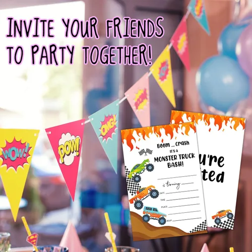 Vista 4 de Tarjetas de invitación de cumpleaños, invitaciones de fiesta de Monster Truck, suministros de decoración de fiesta de feliz cumpleaños para niños