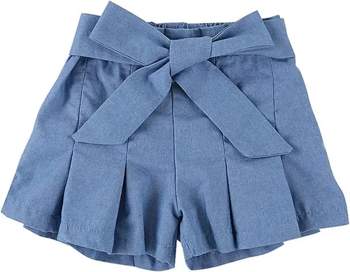 Vista 5 de Conjunto de blusa corta con volantes y hombros descubiertos y falda de mezclilla con lazo y falda de verano para niñas