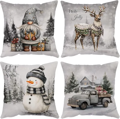 Vista 10 de Fundas de Almohada Feliz Navidad 12x12 Juego de 4 Fundas de Almohada de Terciopelo de Navidad Rosa Navidad Invierno Vacaciones Fundas de Almohada