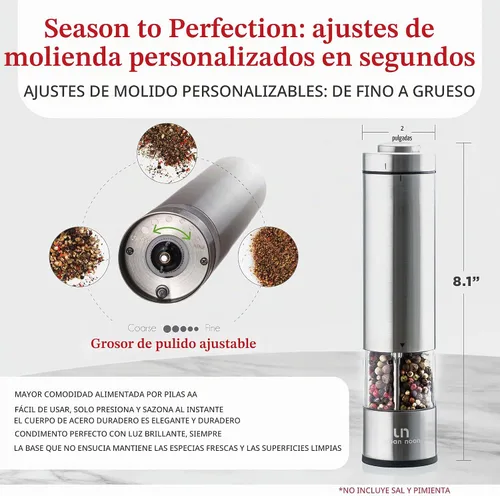 Vista 6 de Juego de molinillos eléctricos de sal y pimienta - Molino de acero inoxidable operado por batería con luz (2 molinos) - Operación automática con una