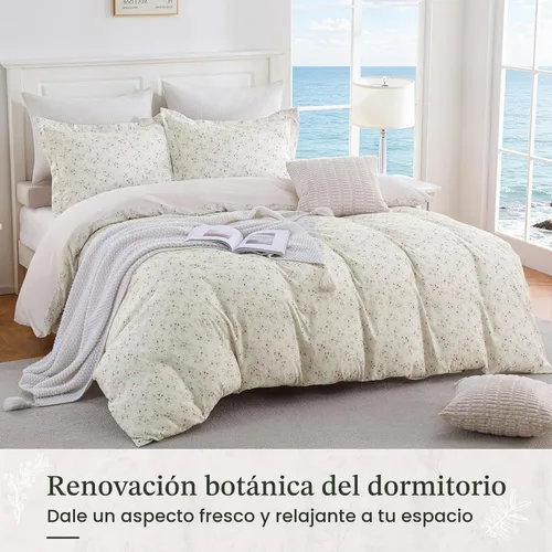 Vista 4 de JOLLYVOGUE Juego de funda de edredón floral tamaño matrimonial, 3 piezas Flores beige (sin edredón)