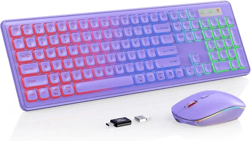 Vista 10 de Wireless Keyboard and Mouse Combo, RGB Backlit, Rechargeable & Light Up Letters, Full-Size, Soft Typing, Sleep Mode, 2.4GHz Quiet Keyboard Set for