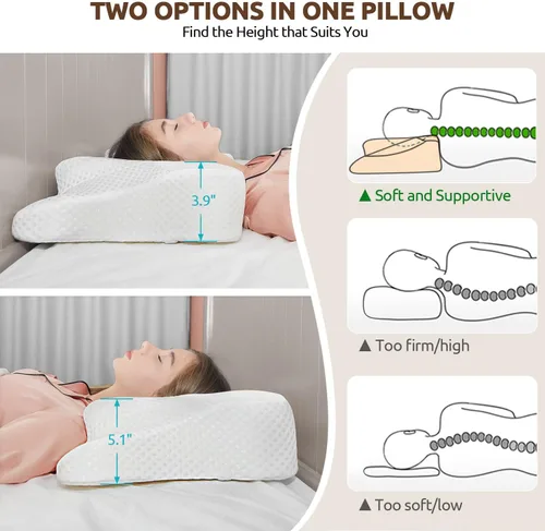 Vista 4 de DONAMA Almohada cervical para el cuello para aliviar el dolor, almohadas de espuma viscoelástica de contorno sin olor con funda de almohada Blanco