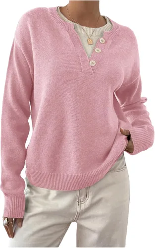 Vista 16 de SOLY HUX Suéteres Pullover para Mujer de Manga Larga con Botones Cuello Redondo 2 en 1 Tops de Punto Holgados Albaricoque puro