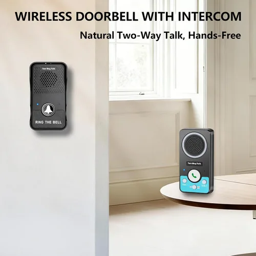 Vista 2 de Timbre inalámbrico con altavoz de audio de 2 vías, timbre de puerta de conversación natural manos libres, rango de 1300 pies, volumen de 8 niveles