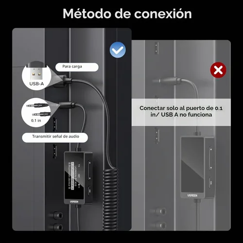 Vista 7 de UGREEN Receptor transmisor Bluetooth 5.4, dos pares de adaptador auxiliar de audio de 0.1 in con micrófono integrado para llamadas manos libres