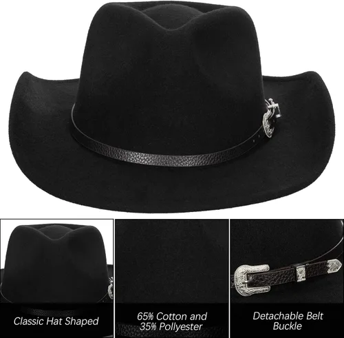 Vista 4 de Sombreros clásicos de vaquero occidental para mujer y hombre, diseño de banda de diamantes, sombrero de Rodeo Fedora-Jazz con cinturón, color negro