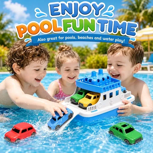 Vista 2 de FUN LITTLE TOYS Barco de juguete para baño para niños pequeños con 4 juguetes de mini autos, juguetes de agua para niños, barco de ferry